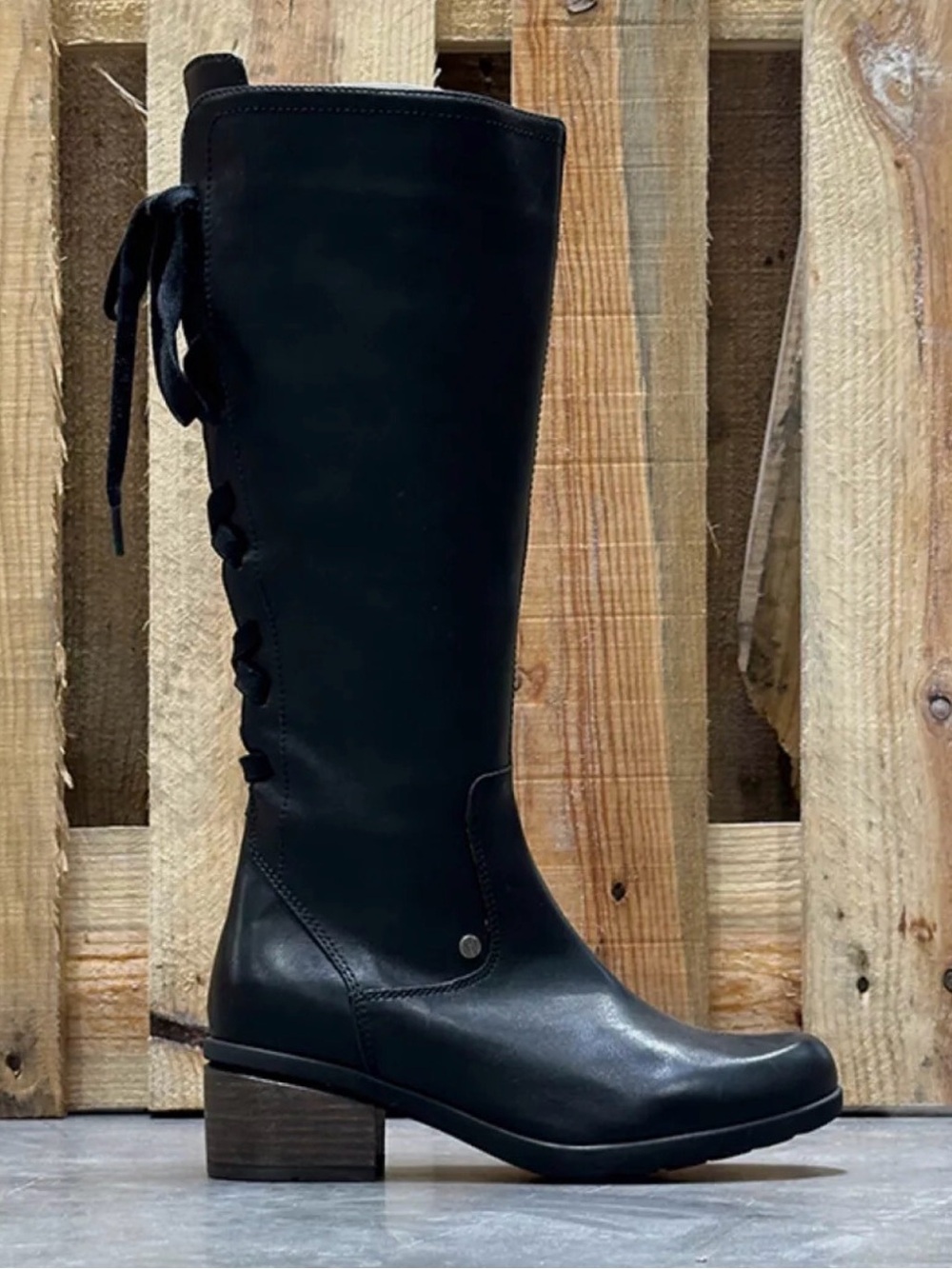 Wolky “Hayden” Women's Black Knee-High Lace-Back Block Heel Boots
